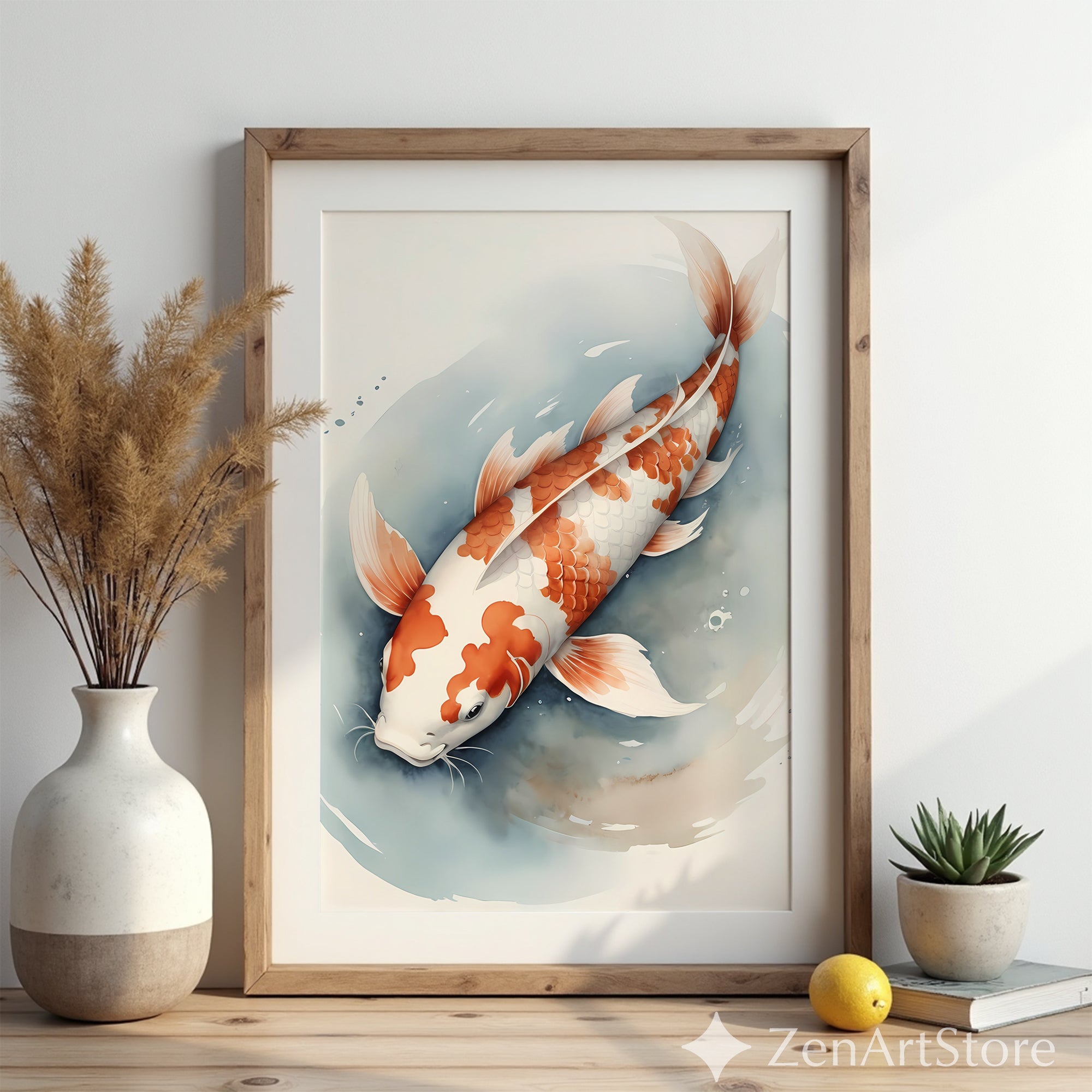 Serene Koi Fish Wall Art - Japanese Koi Watercolor Print for Zen Japandi & Minimal Home Decor in Soft Blue, Cream & Orange