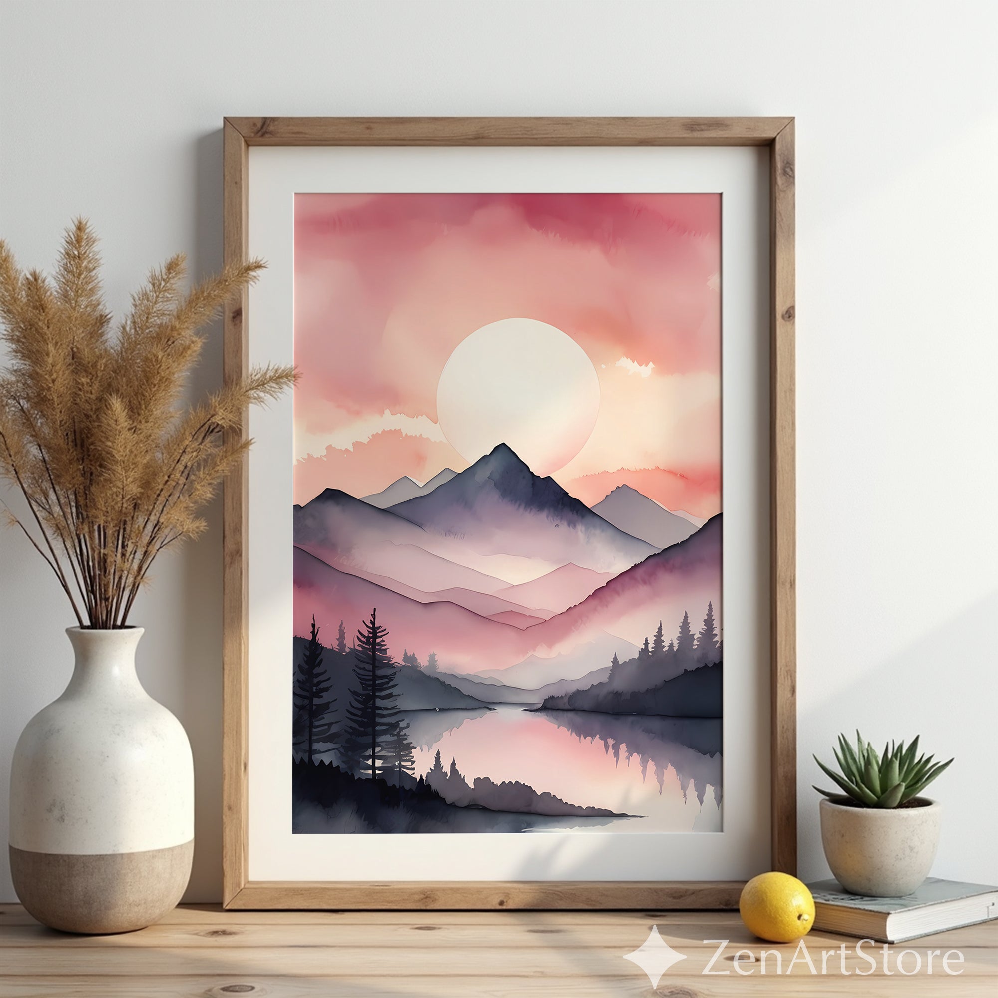 Blush Mountain Watercolor Print - Pink Sunset Minimal Landscape Wall Art for Living Room, Bedroom, Nursery - Japandi Scandinavian Decor
