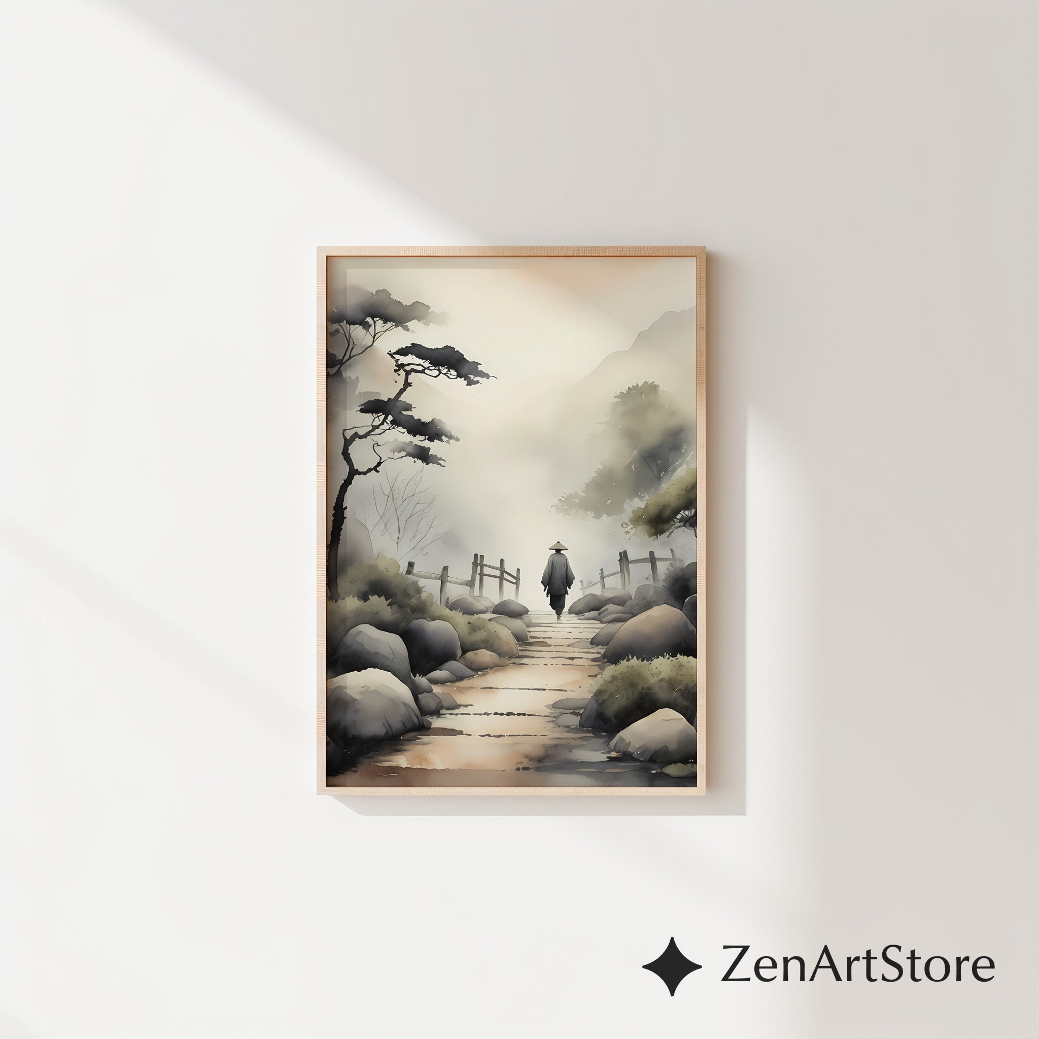 Misty Japanese Pathway Zen Landscape Print - Minimal Japandi Wall Art, Neutral Sumi-e Home Decor