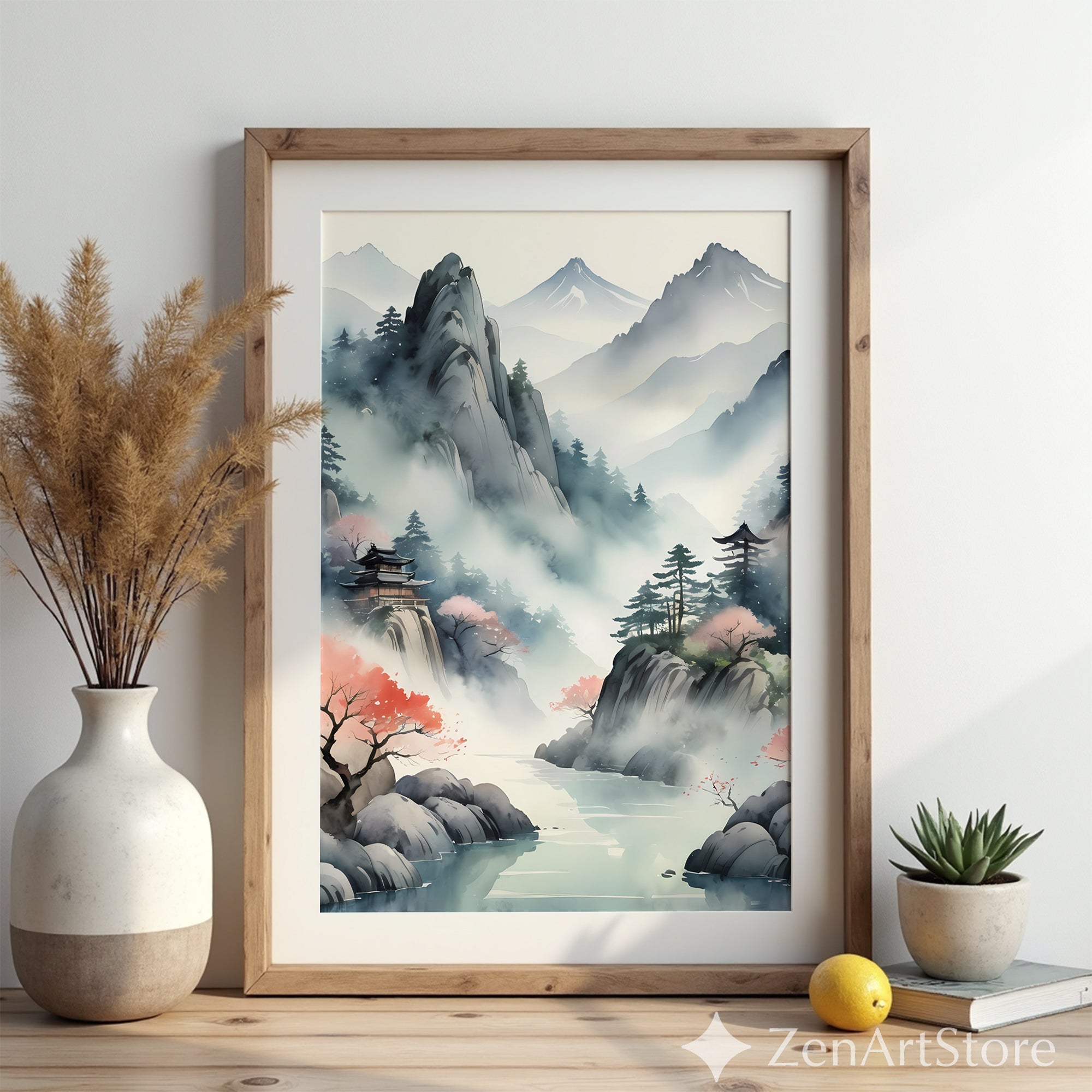 Misty Japanese Mountain Landscape Print - Zen Pagoda Sakura Watercolor Art for Japandi Wabi Sabi Home Decor