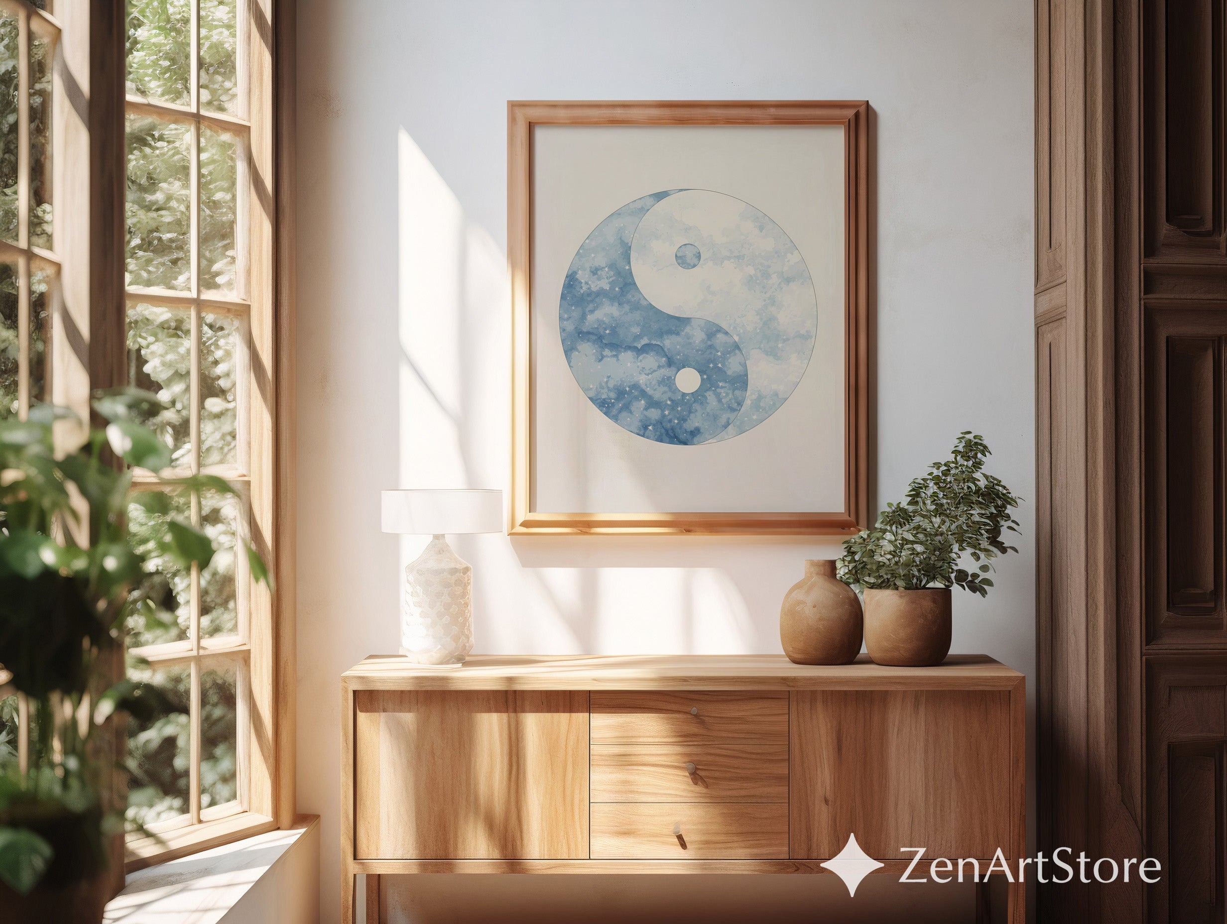 Blue Yin Yang Watercolor Print – Minimal Celestial Wall Art, Zen Japandi Neutral Home Decor