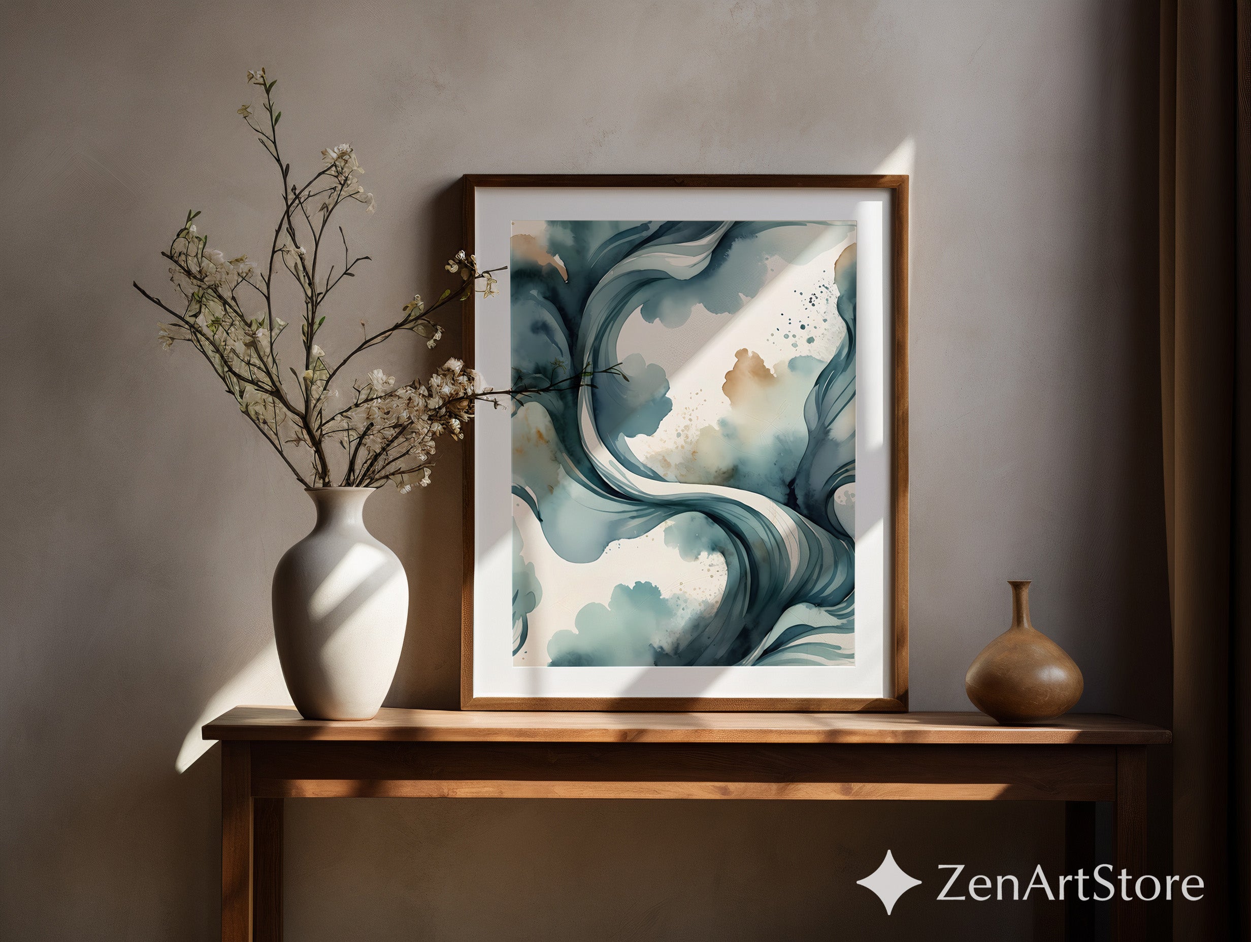 Teal Abstract Wave Wall Art - Modern Watercolor Print for Japandi, Minimalist Blue Beige Home Decor
