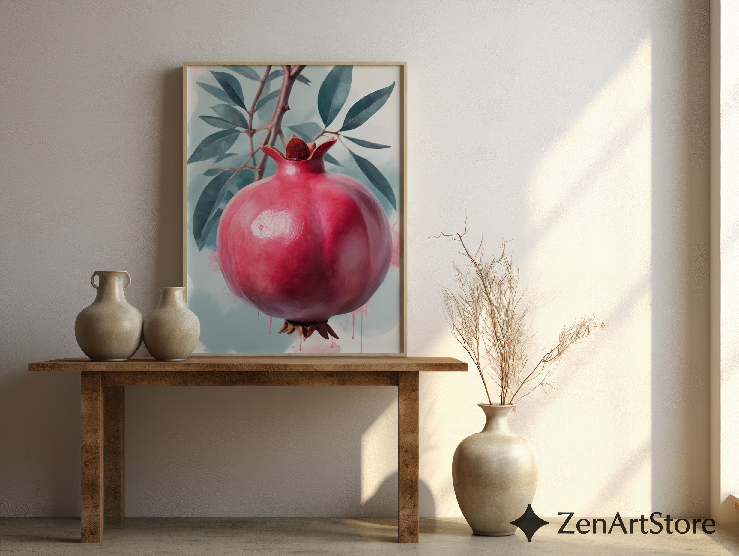 Pomegranate Wall Art Print - Botanical Fruit Still Life, Modern Minimalist Kitchen & Dining Decor, Japandi Wabi Sabi Scandi Style