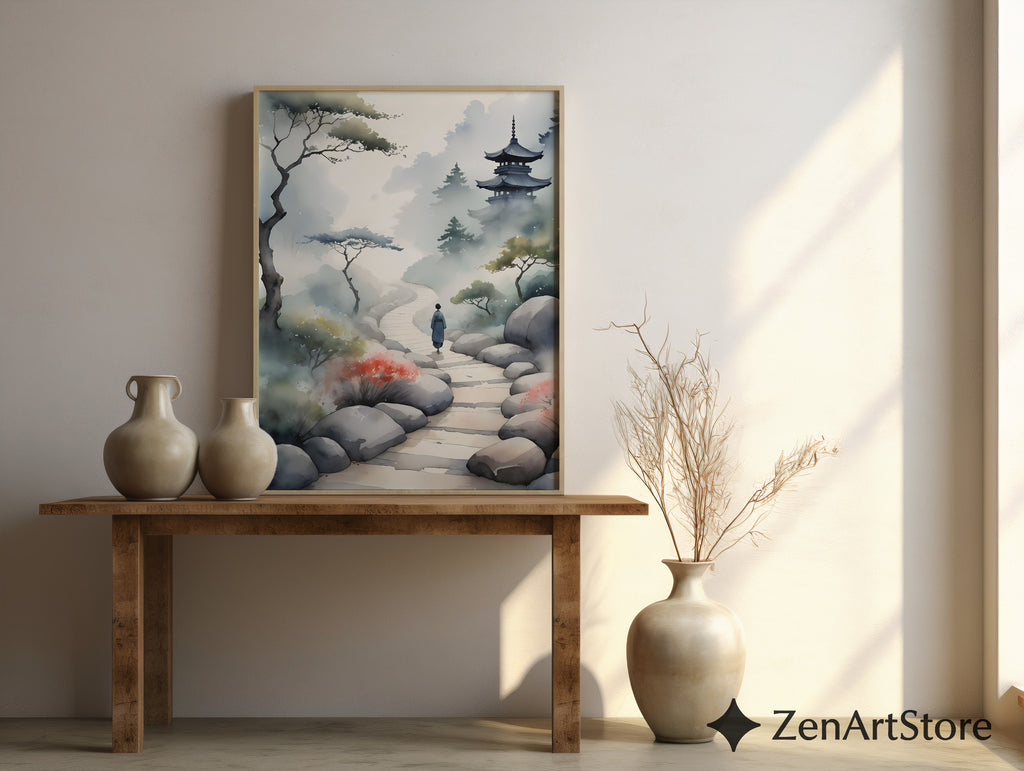 Misty Pagoda Path Watercolor Art Print - Zen Japanese Landscape, Japandi Minimal Wall Art for Living Room, Bedroom, Meditation Space