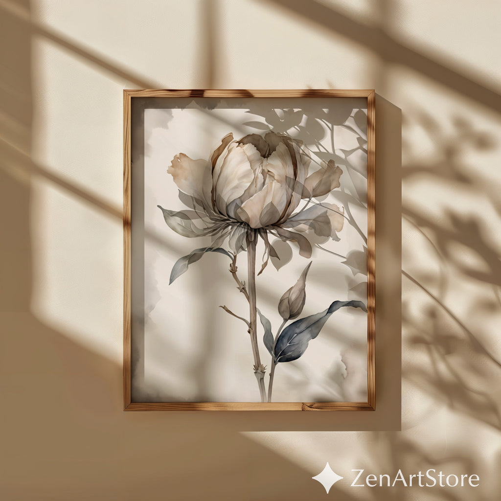 Neutral Peony Wall Art - Beige Botanical Watercolor Print, Japandi Minimal Flower Poster for Living Room & Bedroom