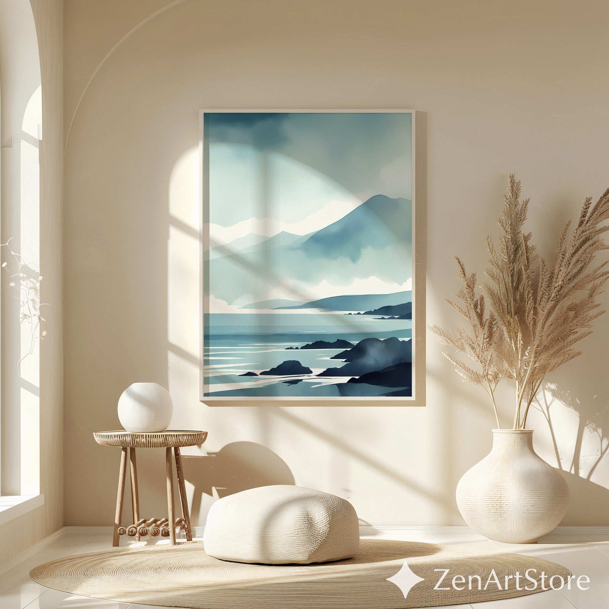 Minimal Blue Coastal Landscape Print - Serene Mountain Seascape Wall Art for Japandi & Scandinavian Homes