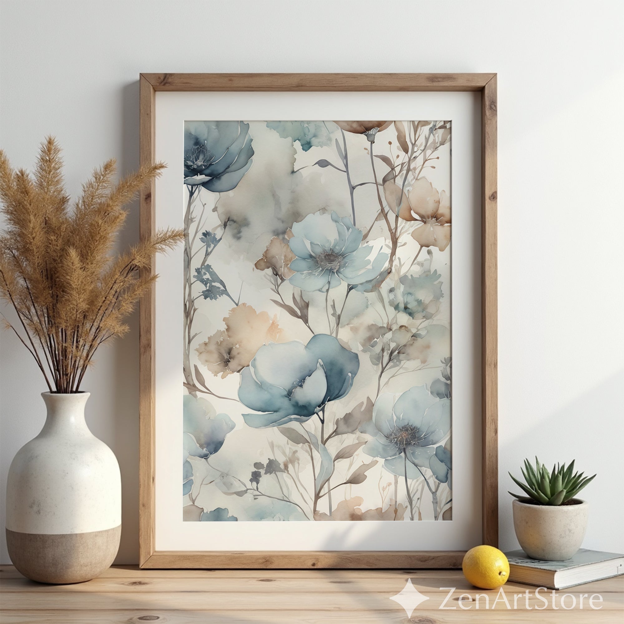 Soft Blue Watercolor Floral Wallpaper Mural - Neutral Botanical Wall Art, Modern Japandi Beige & Blue Floral Print