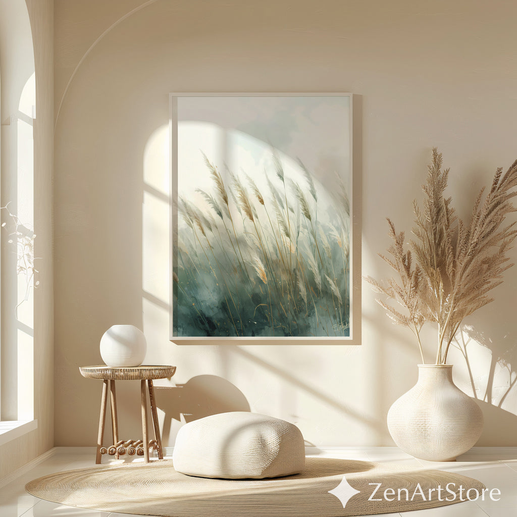 Pampas Grass Wall Art Print – Neutral Botanical Minimalist Canvas, Calm Teal Beige Landscape for Living Room, Bedroom, Japandi Home Decor