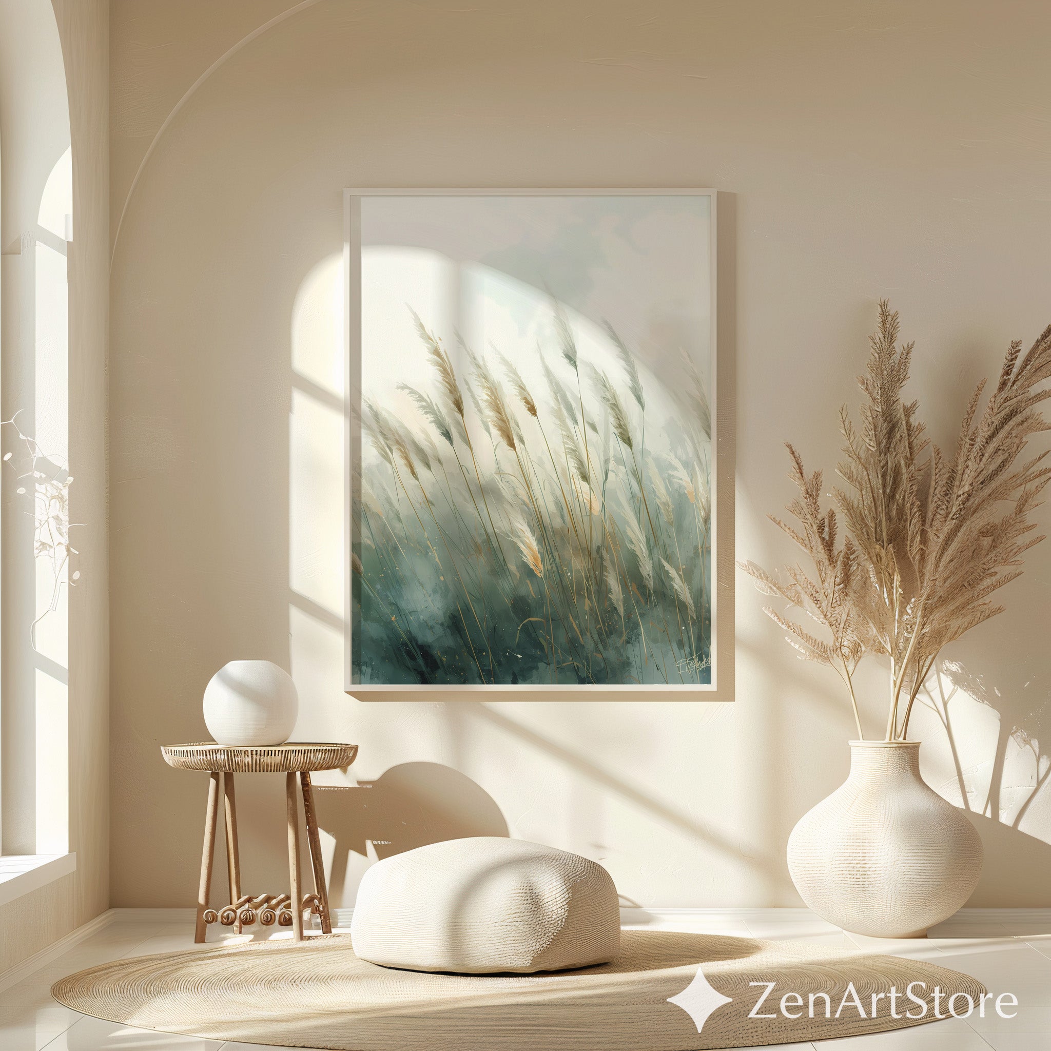 Pampas Grass Wall Art Print – Neutral Botanical Minimalist Canvas, Calm Teal Beige Landscape for Living Room, Bedroom, Japandi Home Decor