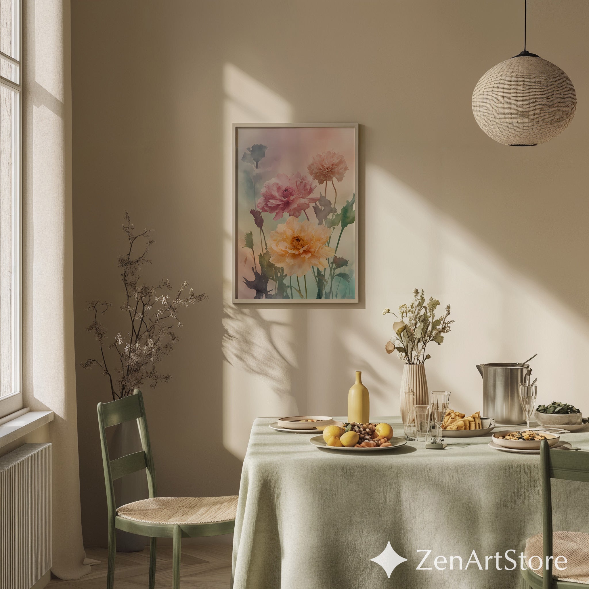 Pastel Peony Watercolor Print - Botanical Wall Art for Living Room, Japandi Scandinavian Minimal Neutral Floral Home Decor