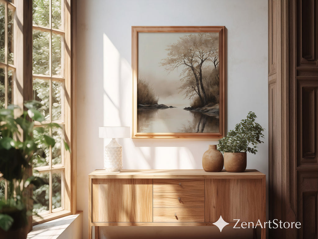 Serene Sepia Lake Landscape Print – Minimal Japandi Wabi Sabi Wall Art, Neutral Brown Beige Canvas or Digital Download