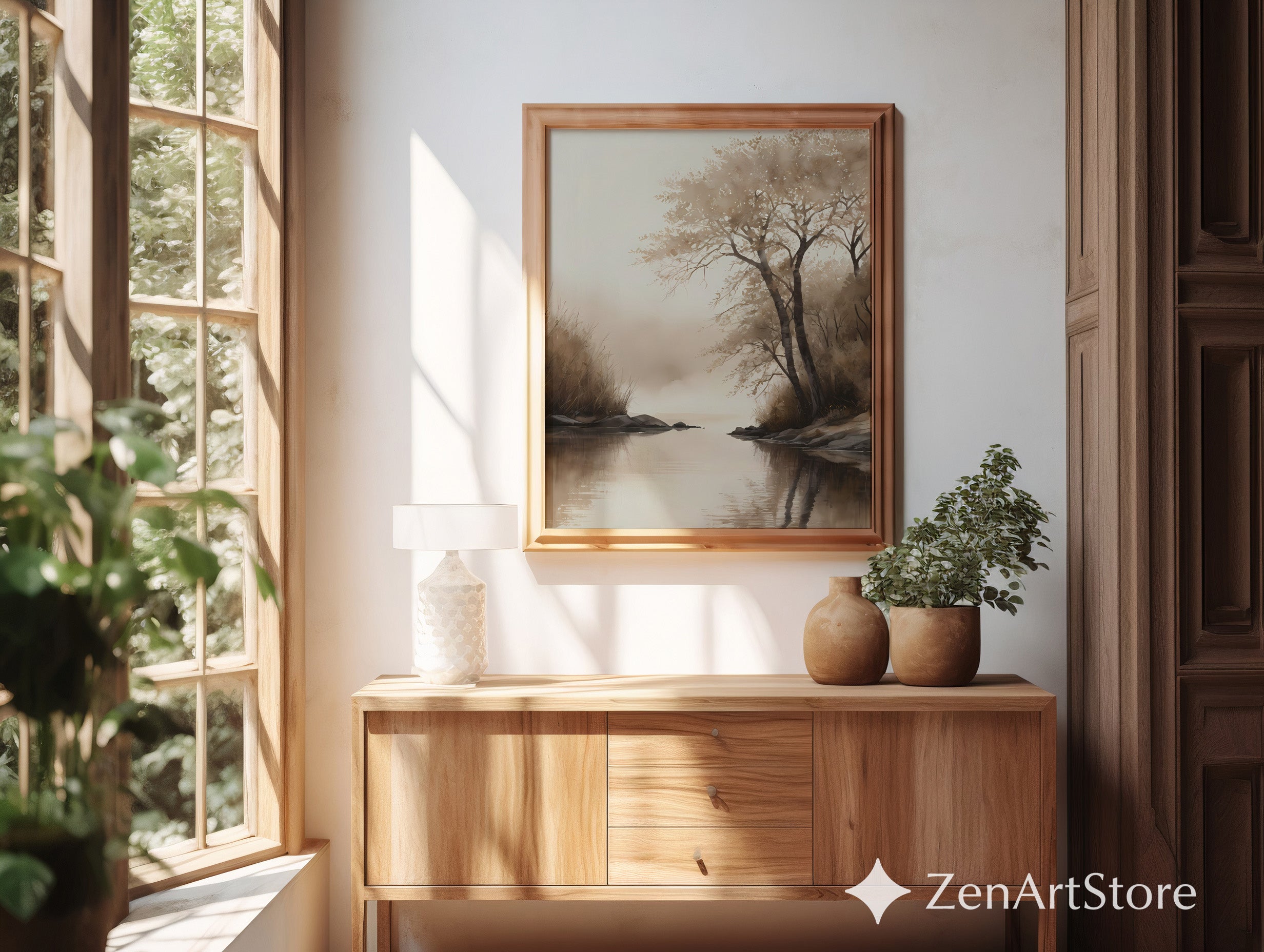 Serene Sepia Lake Landscape Print – Minimal Japandi Wabi Sabi Wall Art, Neutral Brown Beige Canvas or Digital Download