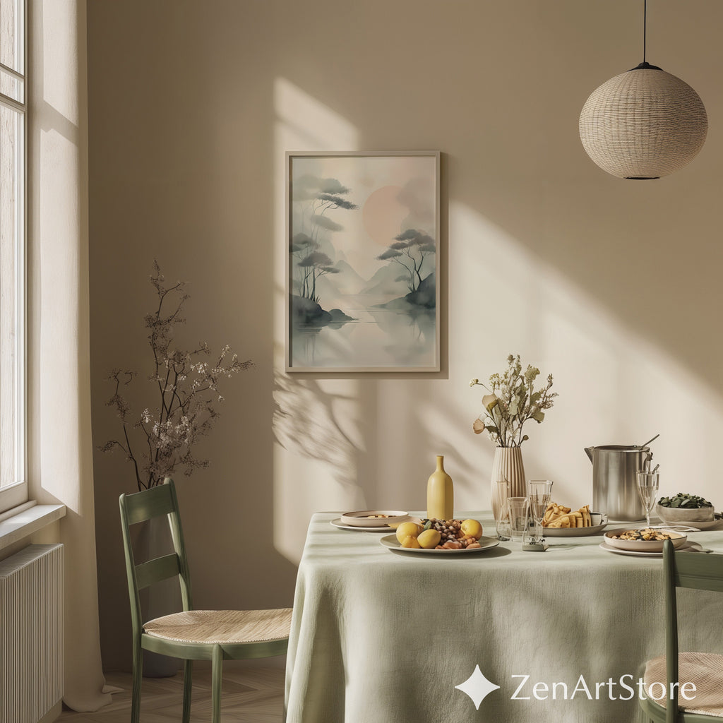 Misty Zen Landscape Print - Minimal Japandi Wall Art with Blush Sun and Tree Reflections - Wabi Sabi Neutral Home Decor