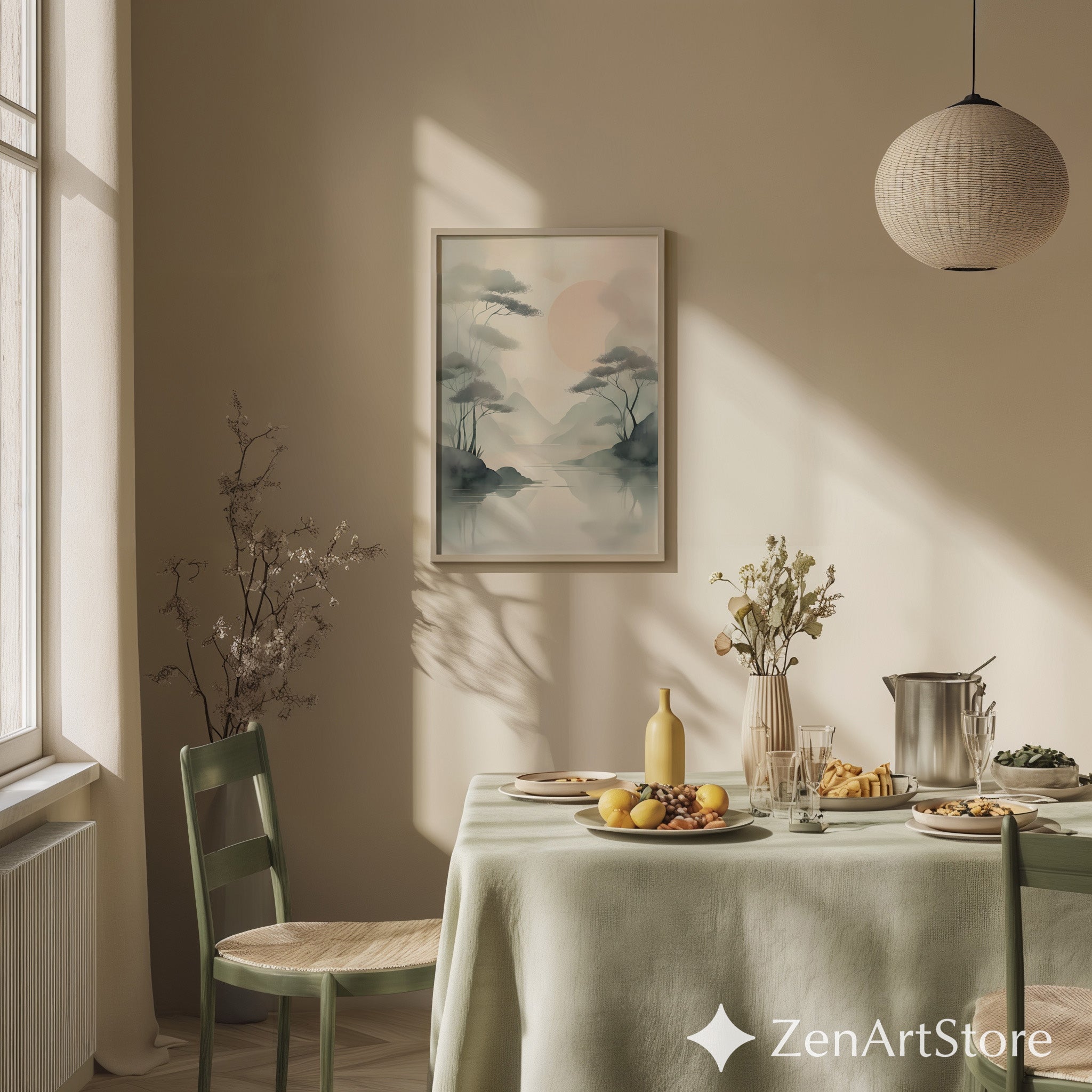 Misty Zen Landscape Print - Minimal Japandi Wall Art with Blush Sun and Tree Reflections - Wabi Sabi Neutral Home Decor