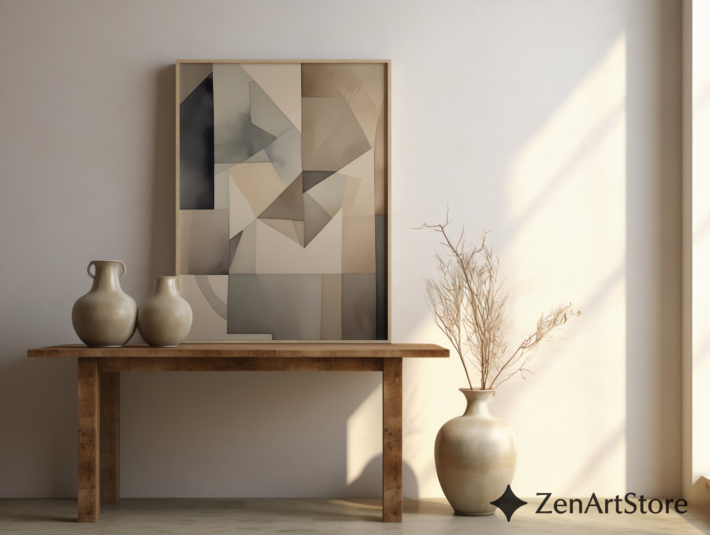 Neutral Geometric Abstract Wall Art - Beige Gray Minimalist Print for Living Room, Japandi Wabi Sabi Home Decor