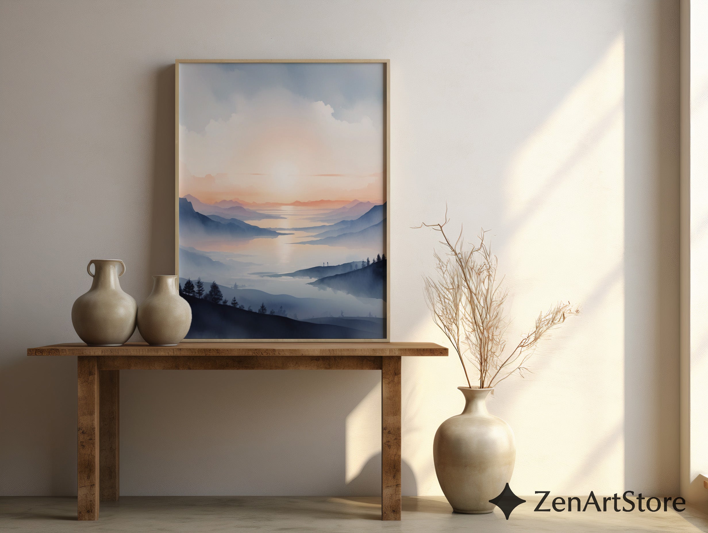 Misty Mountain Sunrise Wall Art Print - Calm Japandi Landscape Minimal Zen Home Decor
