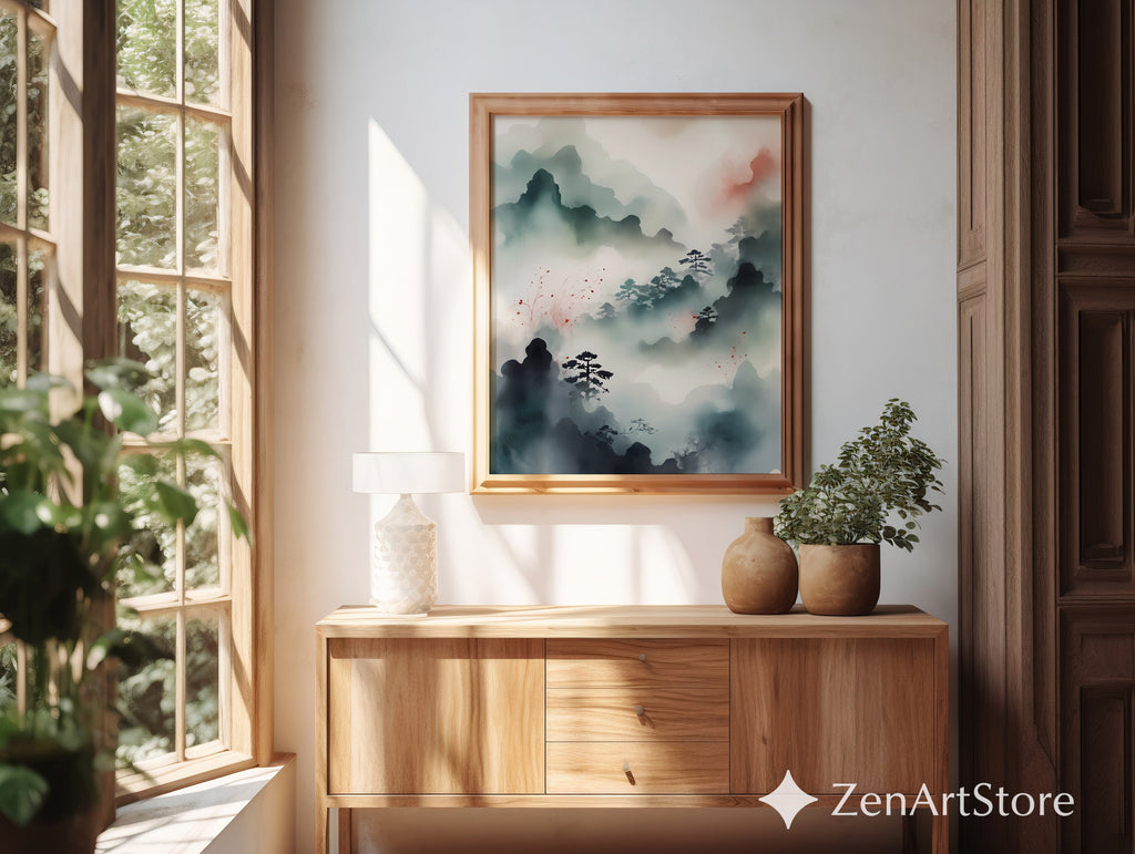 Misty Mountain Zen Landscape Print - Japandi Minimal Ink Wash Wall Art, Neutral Calm Pine Trees