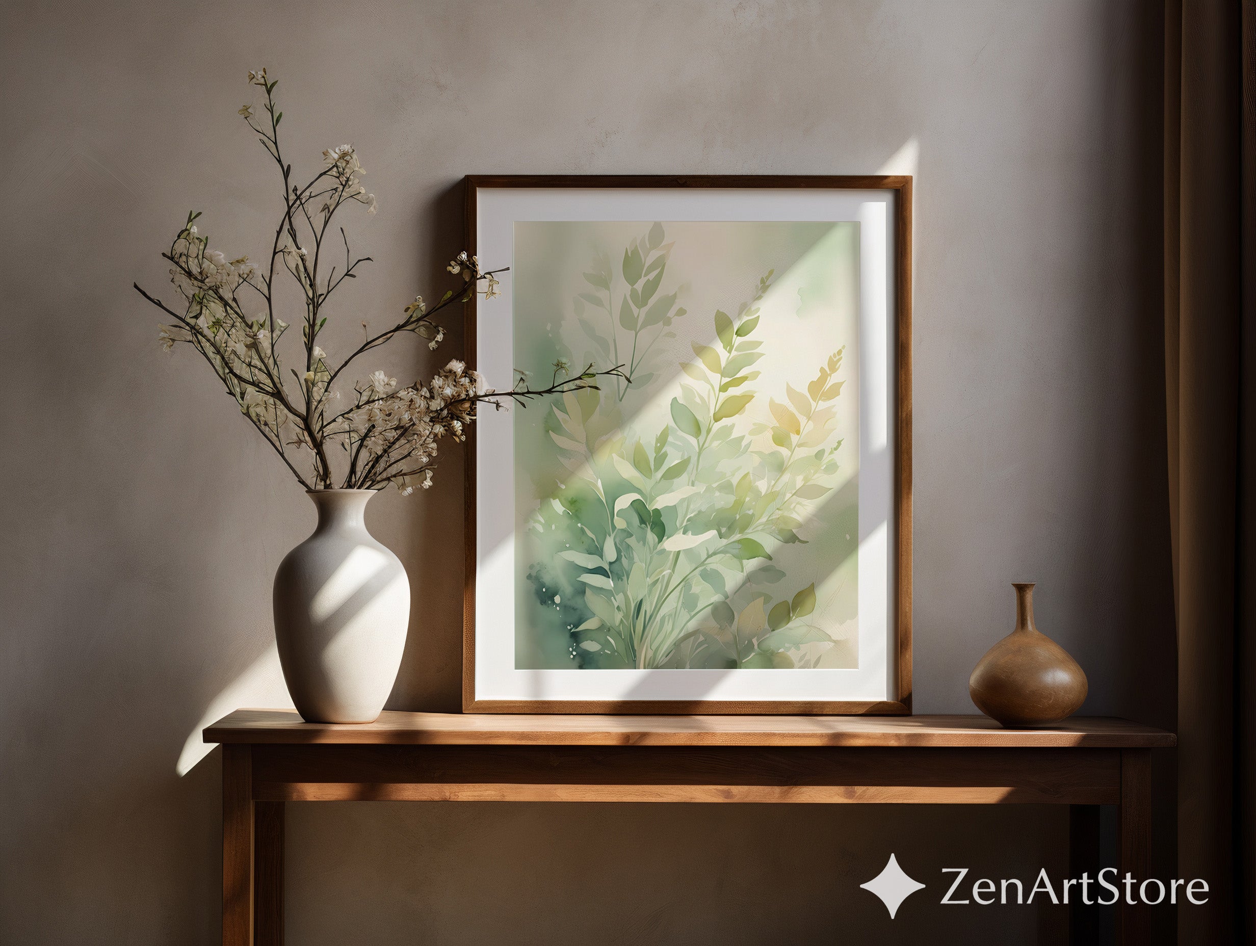Soft Green Botanical Watercolor Print - Minimal Japandi Leaf Art for Calm Home Decor, Printable Scandinavian Nature Wall Art