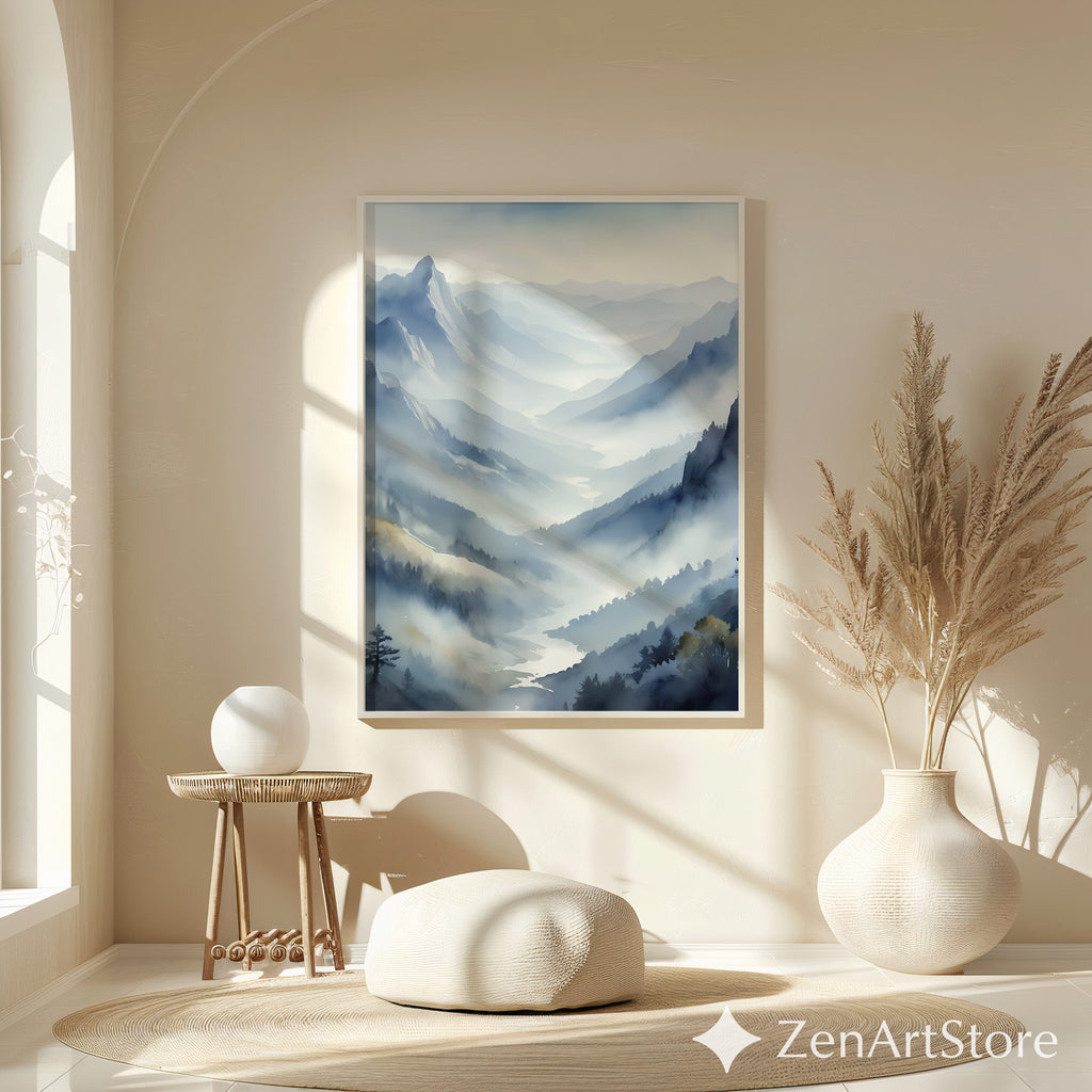 Misty Mountain Valley Wall Art Print - Serene Blue Grey Landscape, Minimalist Japandi Scandinavian Home Decor, Foggy Nature Print