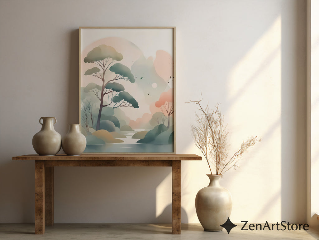Serene Pastel Landscape Wall Art - Minimal Japandi Tree Print, Neutral Scandinavian Zen Botanical for Living Room & Bedroom