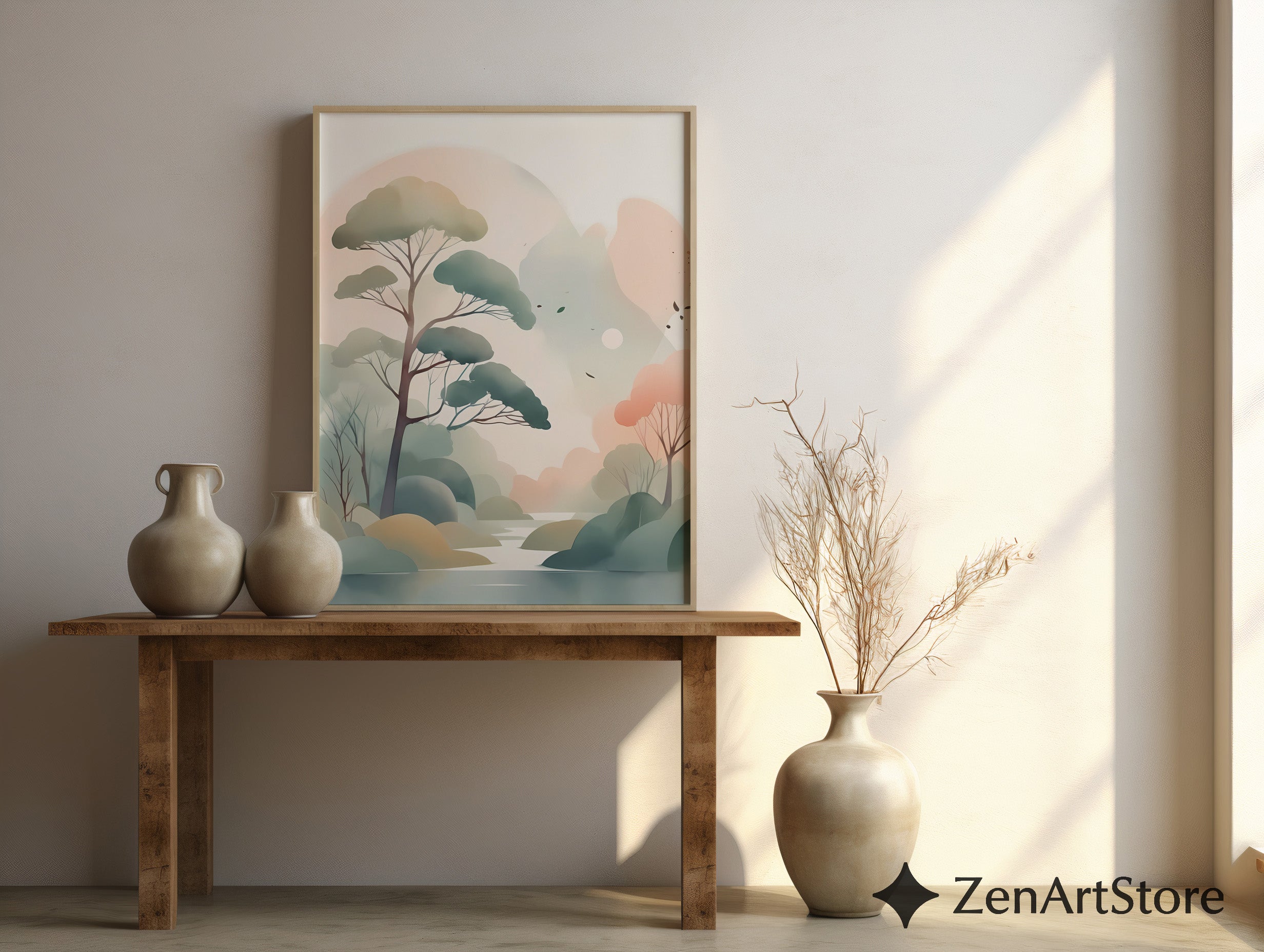 Serene Pastel Landscape Wall Art - Minimal Japandi Tree Print, Neutral Scandinavian Zen Botanical for Living Room & Bedroom