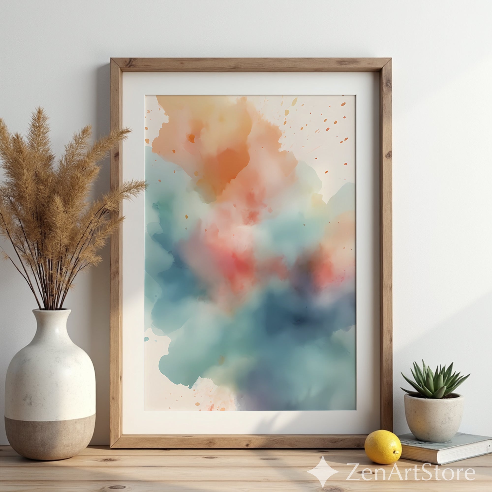 Soft Watercolor Abstract Wall Art - Neutral Blue & Coral Print for Modern Minimal Japandi Home Decor