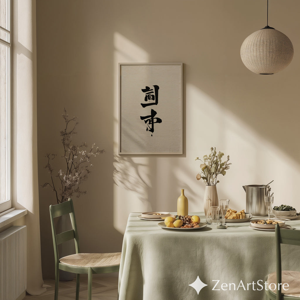 Minimal Japanese Calligraphy Wall Art Print | Zen Black Ink Kanji on Textured Beige Paper | Wabi-Sabi Japandi Neutral Home Decor