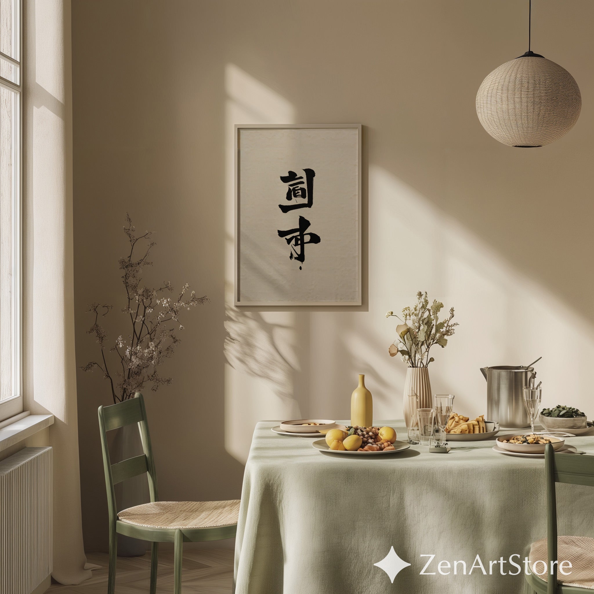 Minimal Japanese Calligraphy Wall Art Print | Zen Black Ink Kanji on Textured Beige Paper | Wabi-Sabi Japandi Neutral Home Decor