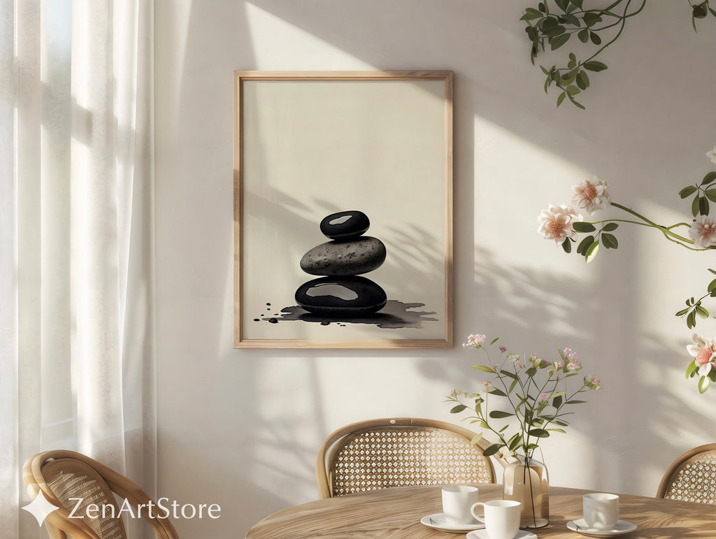 Zen Stone Stack Print - Minimal Black & Beige Spa Wall Art, Wabi Sabi Japandi Neutral Home Decor