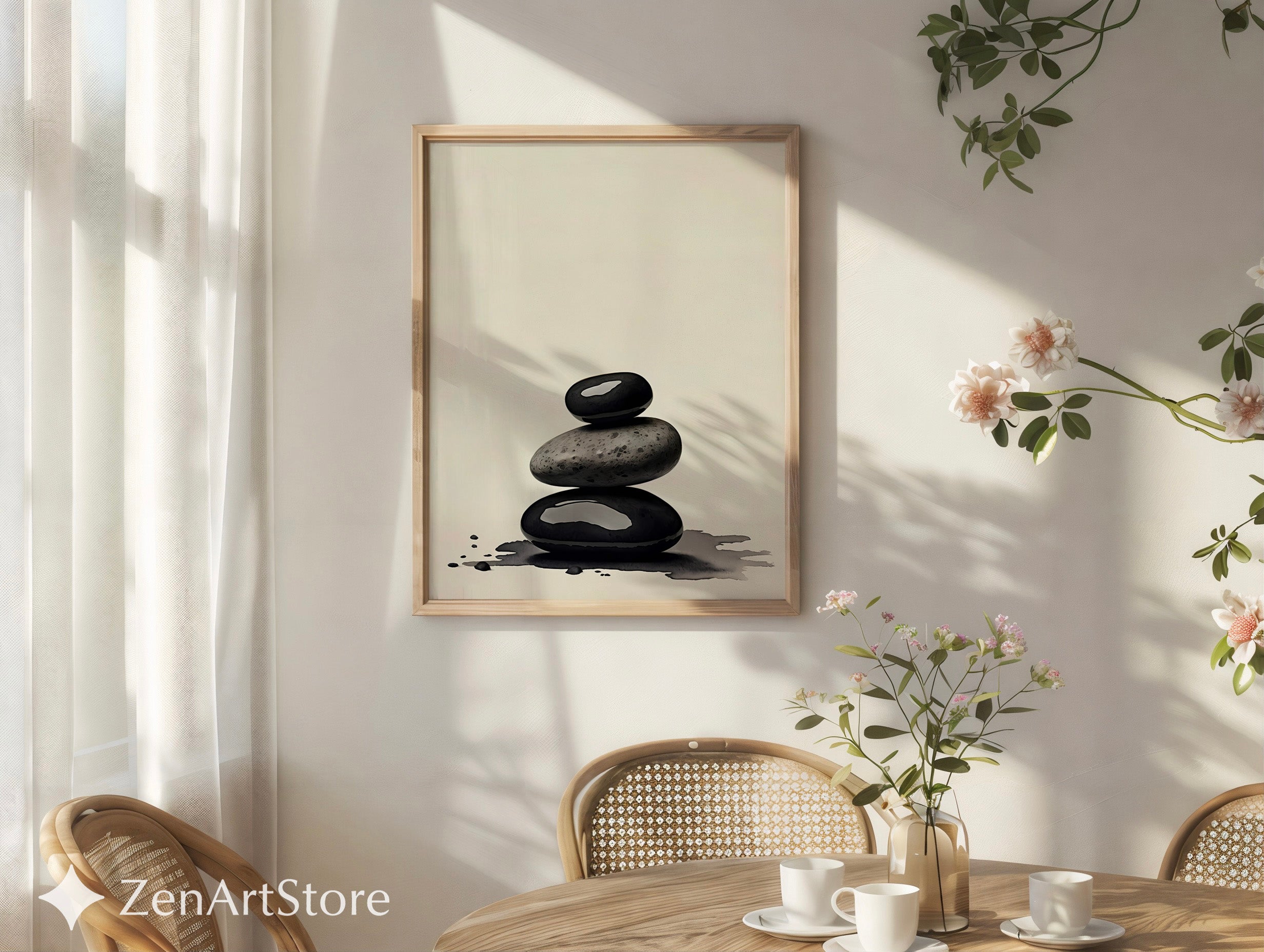 Zen Stone Stack Print - Minimal Black & Beige Spa Wall Art, Wabi Sabi Japandi Neutral Home Decor
