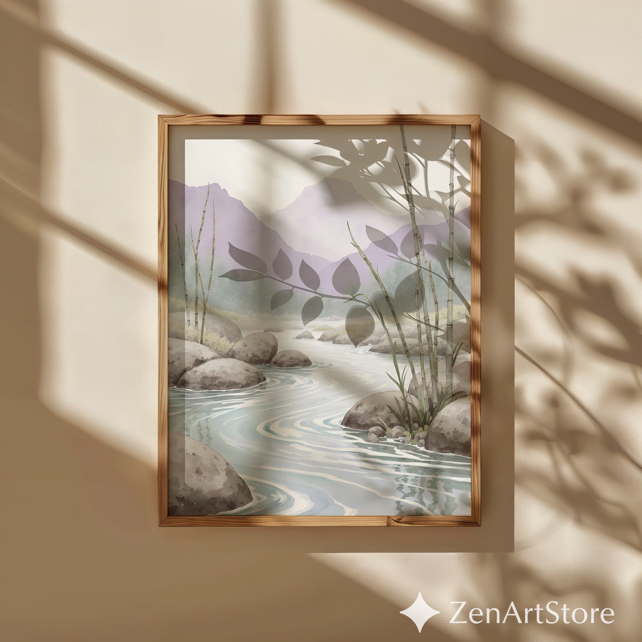 Calming Bamboo River Watercolor Print - Zen Landscape Wall Art for Japandi, Minimal & Scandinavian Home Decor