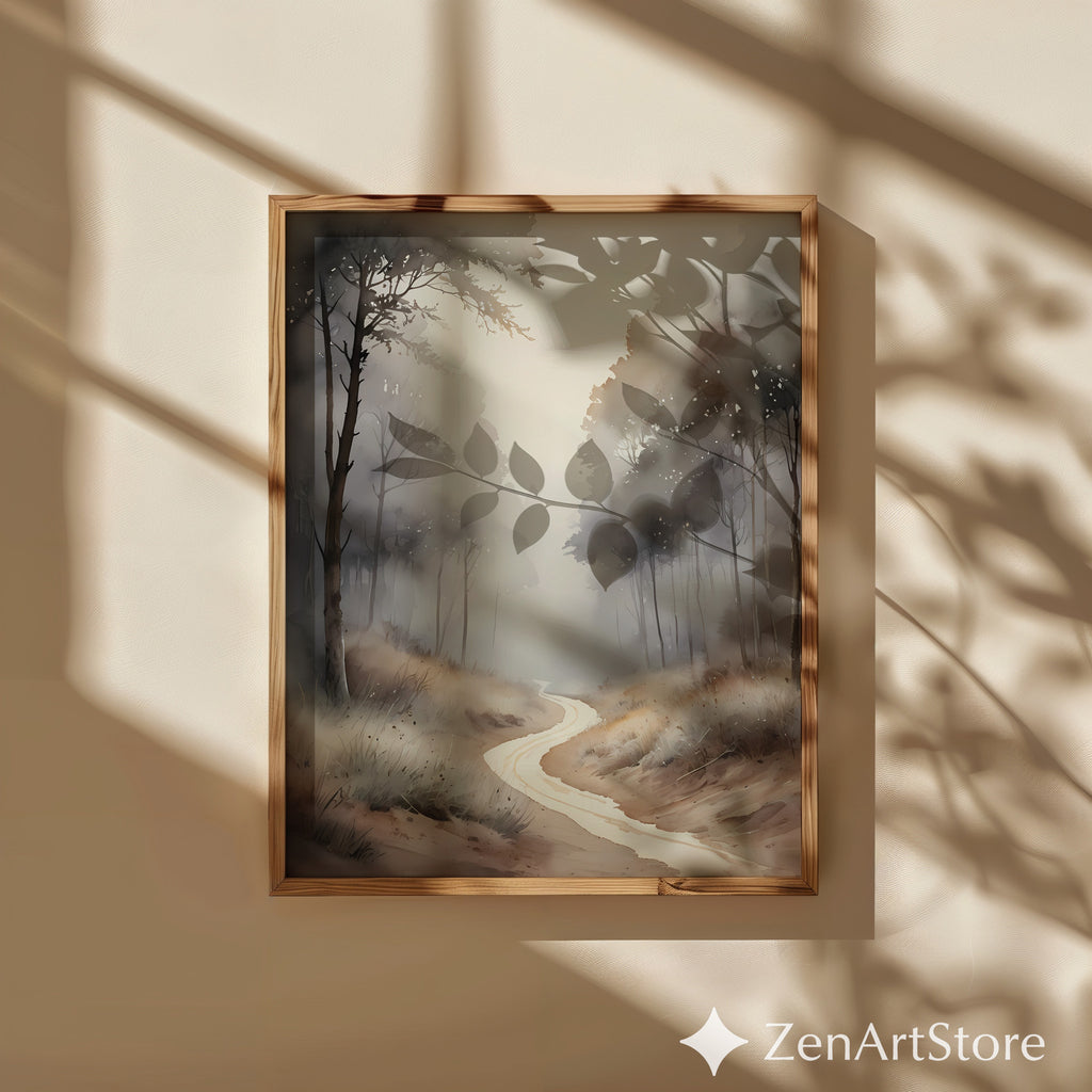 Misty Forest Path Neutral Wall Art Print - Japandi Wabi-Sabi Minimal Landscape for Living Room, Bedroom, Office