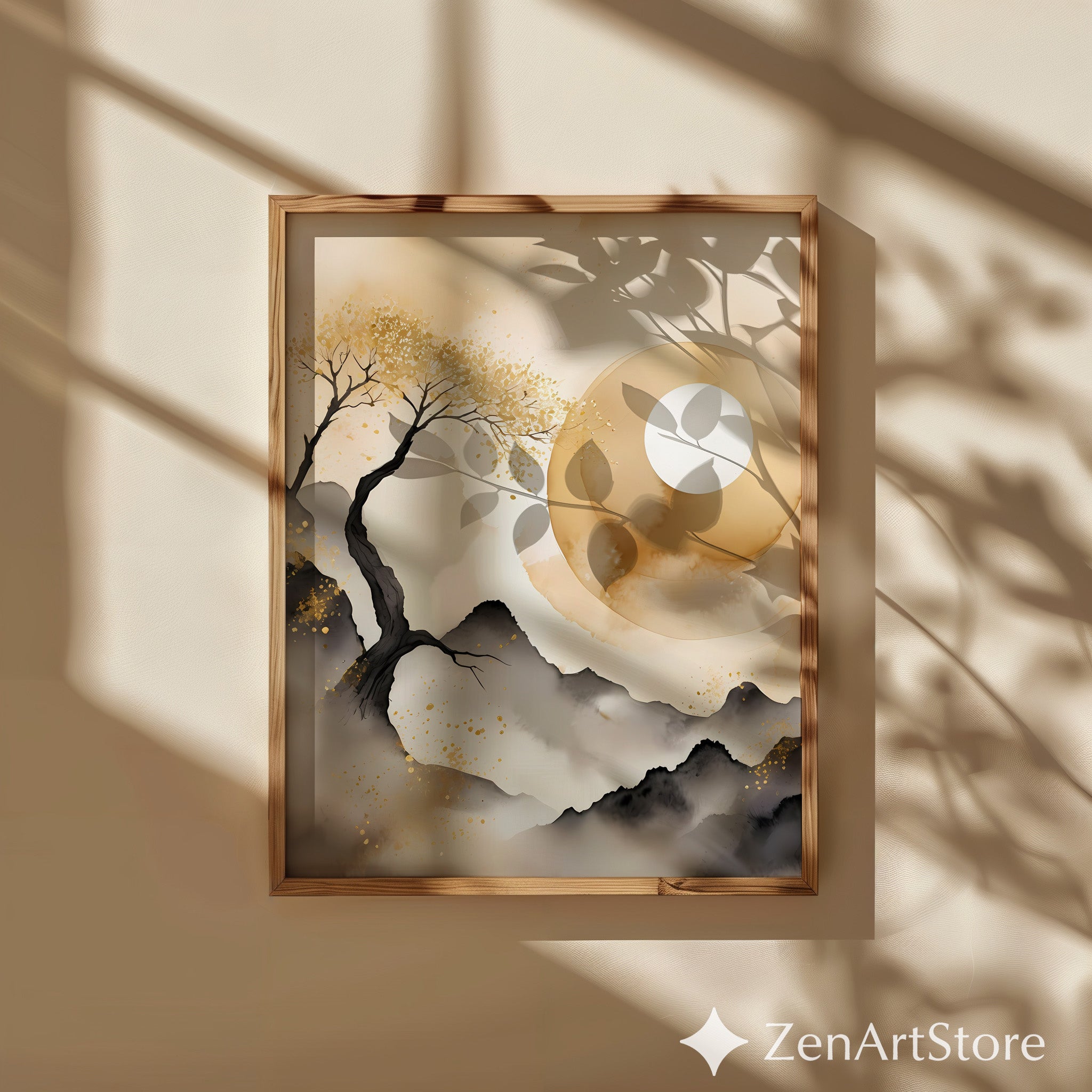 Golden Moon Zen Landscape - Minimal Japanese Abstract Printable Wall Art