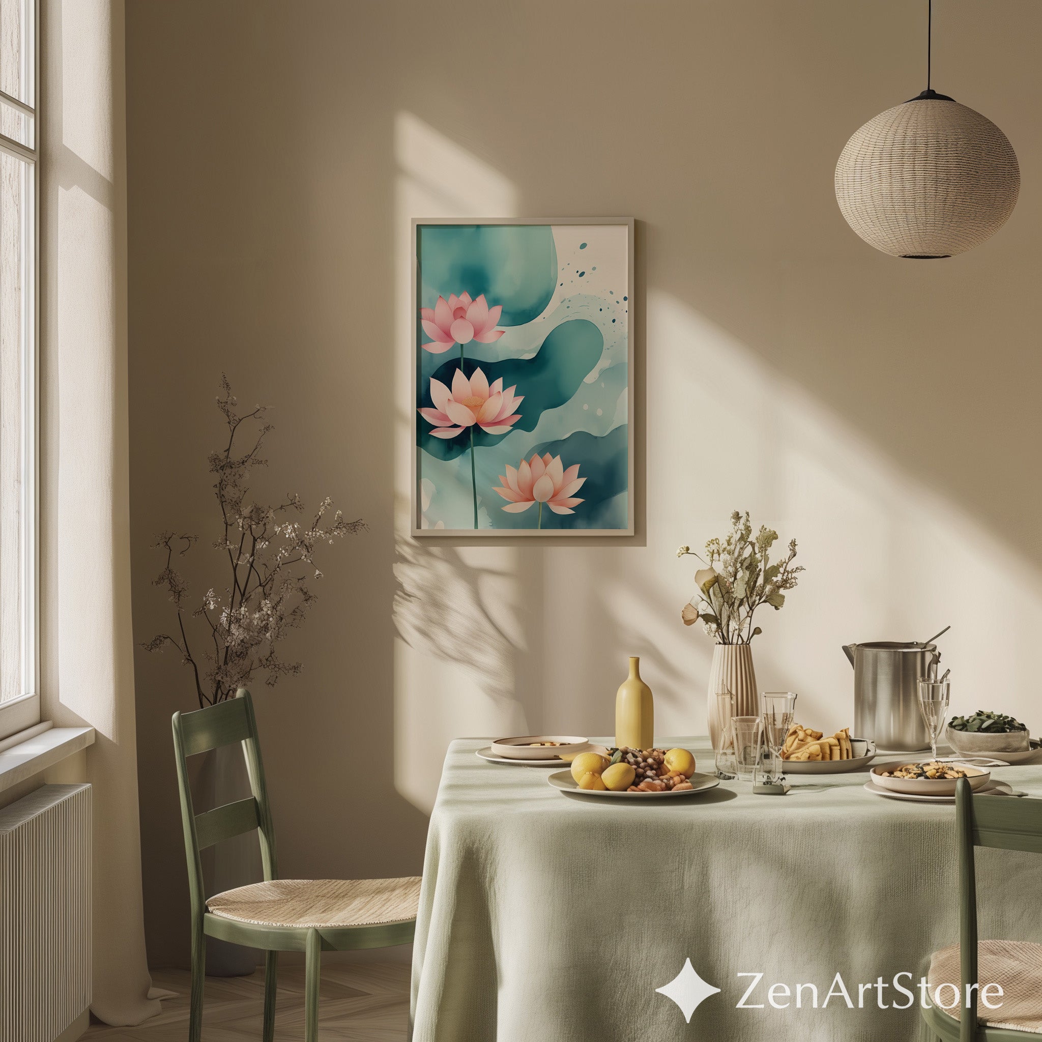 Serene Pink Lotus Watercolor Wall Art - Zen Botanical Print for Living Room, Japandi Minimal Home Decor, Spa Canvas or Printable