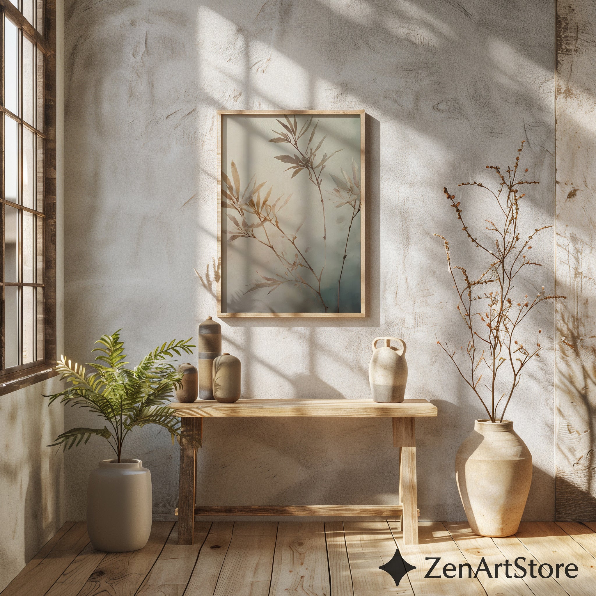 Neutral Botanical Wall Art Print - Japandi Minimalist Plant Painting, Beige Wabi Sabi Home Decor