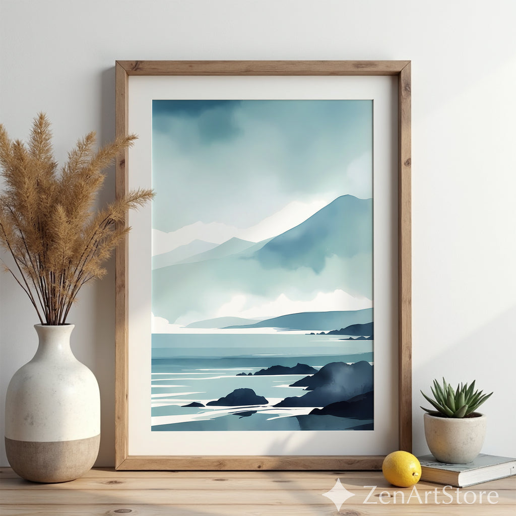 Minimal Blue Coastal Landscape Print - Serene Mountain Seascape Wall Art for Japandi & Scandinavian Homes