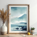 Minimal Blue Coastal Landscape Print - Serene Mountain Seascape Wall Art for Japandi & Scandinavian Homes
