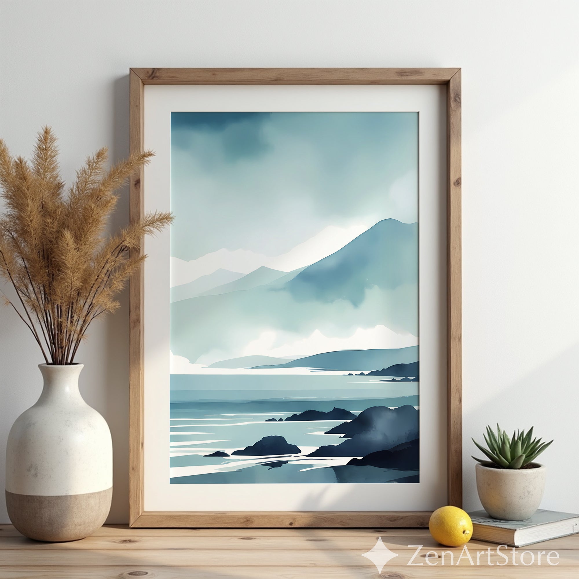 Minimal Blue Coastal Landscape Print - Serene Mountain Seascape Wall Art for Japandi & Scandinavian Homes