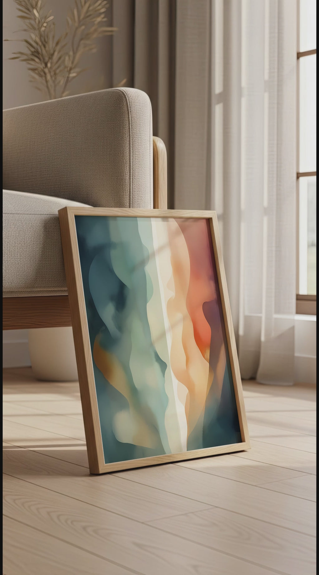 Abstract Fluid Wall Art Print - Calm Teal, Beige & Orange Minimalist Modern Home Decor, Japandi Wabi Sabi