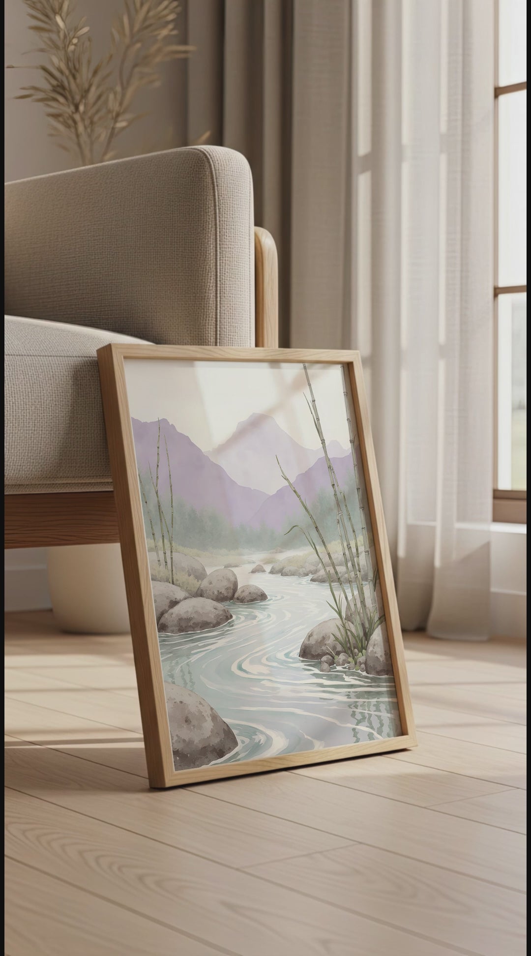 Calming Bamboo River Watercolor Print - Zen Landscape Wall Art for Japandi, Minimal & Scandinavian Home Decor