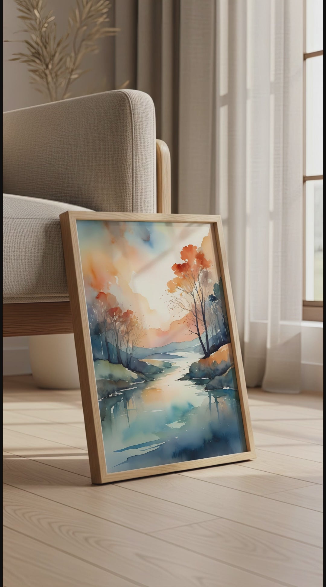 Serene Watercolor Landscape Print - Abstract Lake Sunset Wall Art for Zen, Japandi & Minimal Home Decor