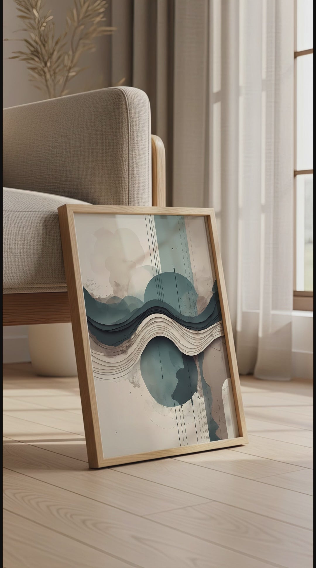 Layered Abstract Landscape Wall Art - Japandi Teal Beige Minimalist Print for Living Room & Bedroom