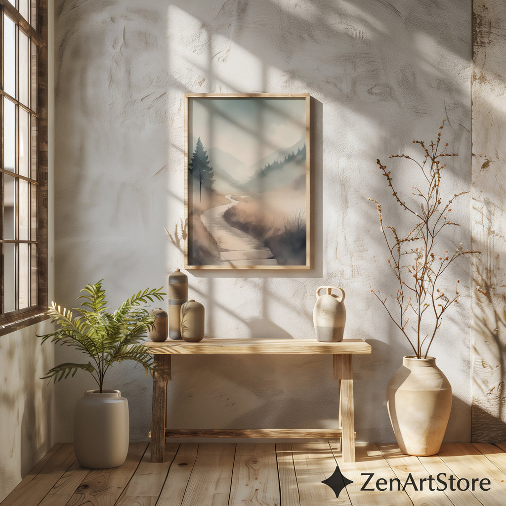 Misty Valley Path Print — Neutral Minimal Landscape Art for Japandi, Wabi Sabi Home Decor