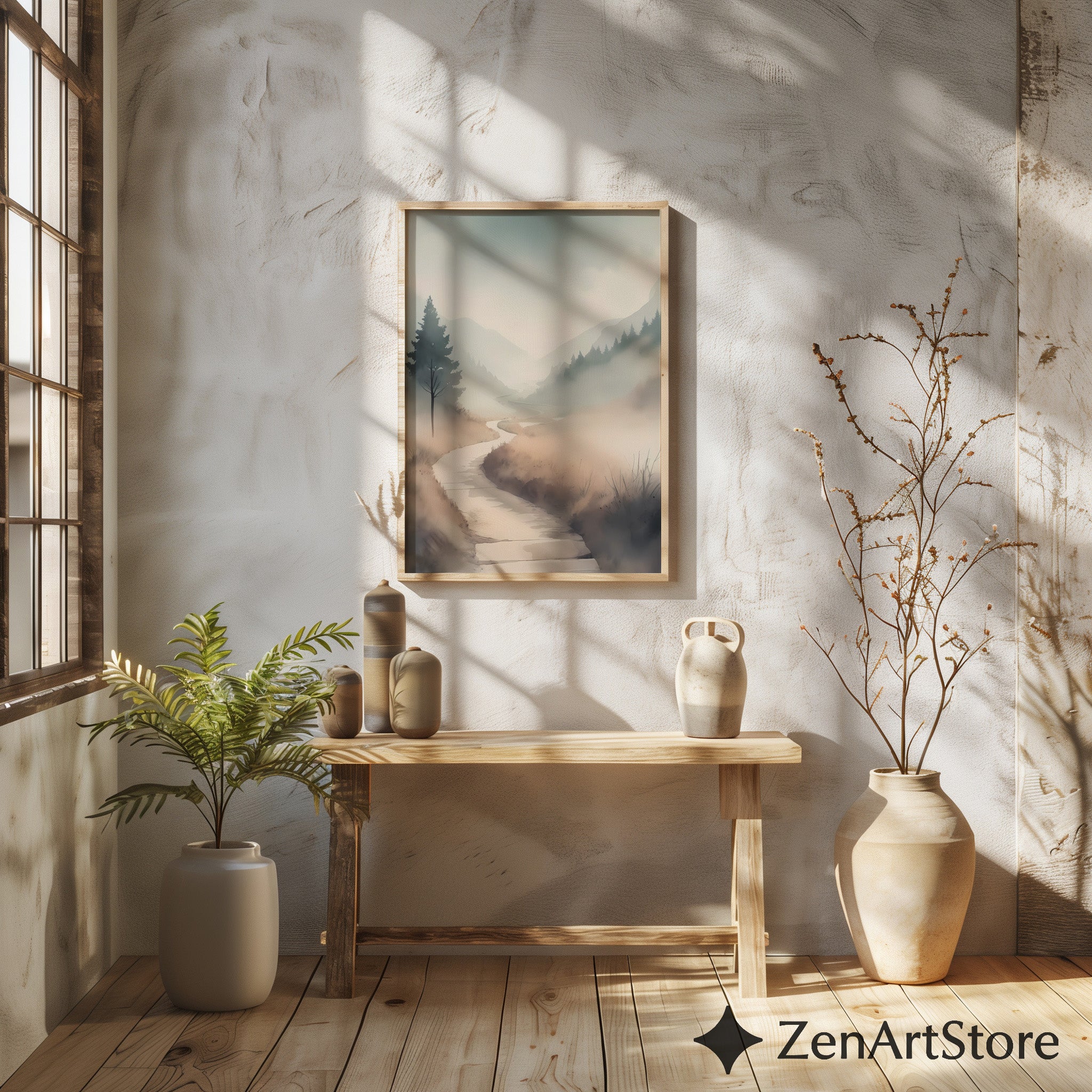 Misty Valley Path Print — Neutral Minimal Landscape Art for Japandi, Wabi Sabi Home Decor