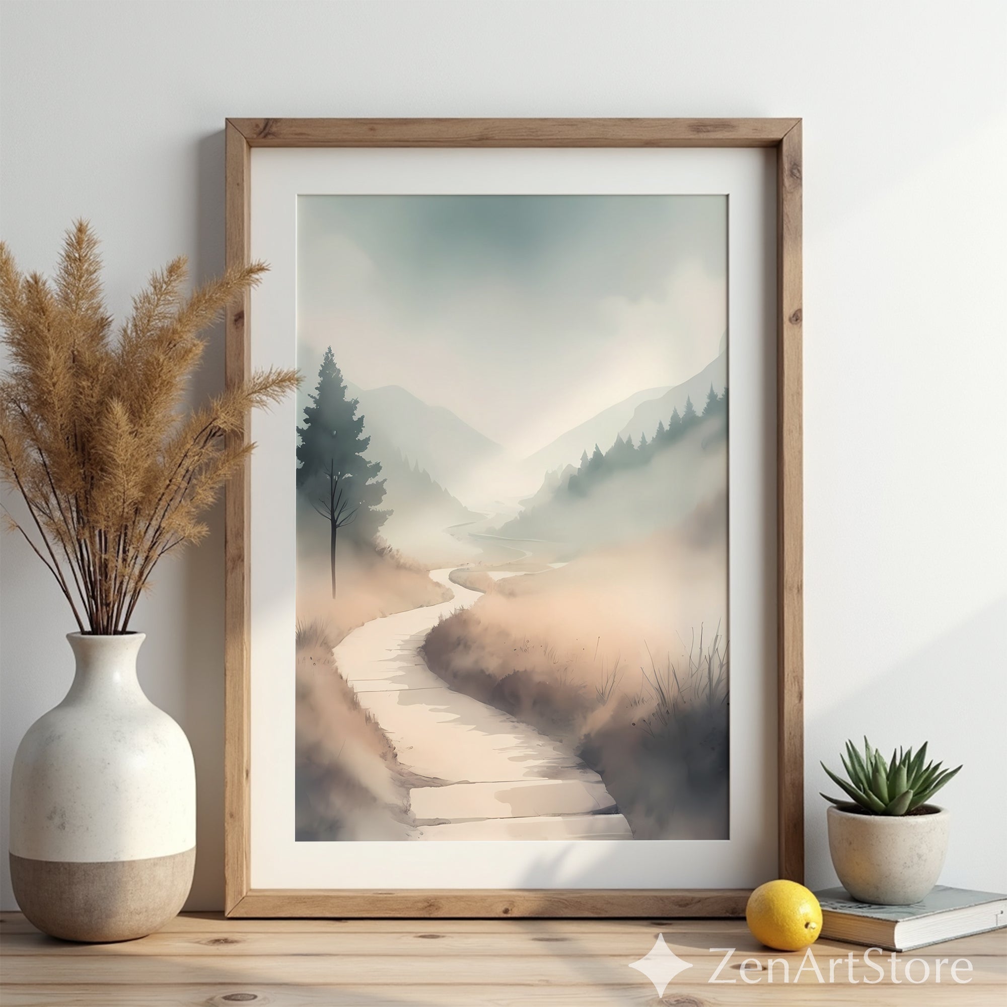 Misty Valley Path Print — Neutral Minimal Landscape Art for Japandi, Wabi Sabi Home Decor