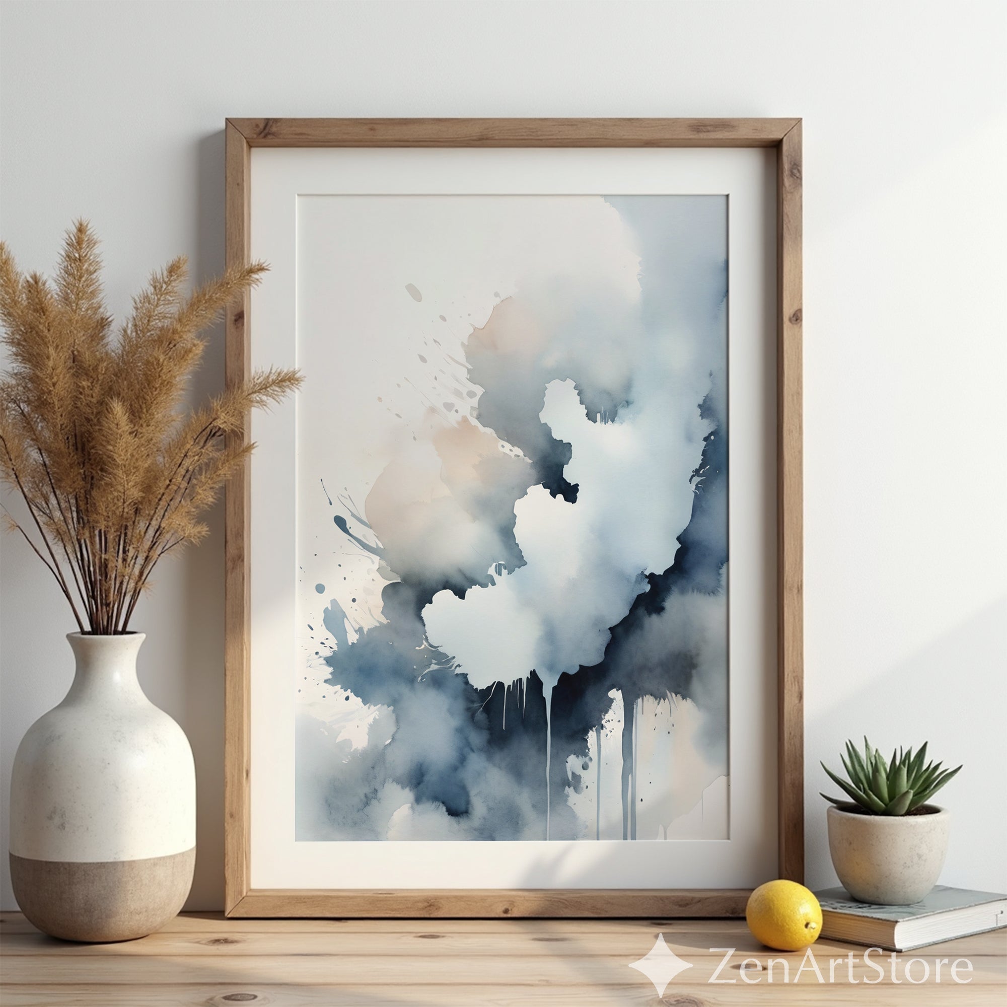 Serene Blue Watercolor Abstract Art Print - Minimal Japandi Wall Decor Neutral Modern Canvas