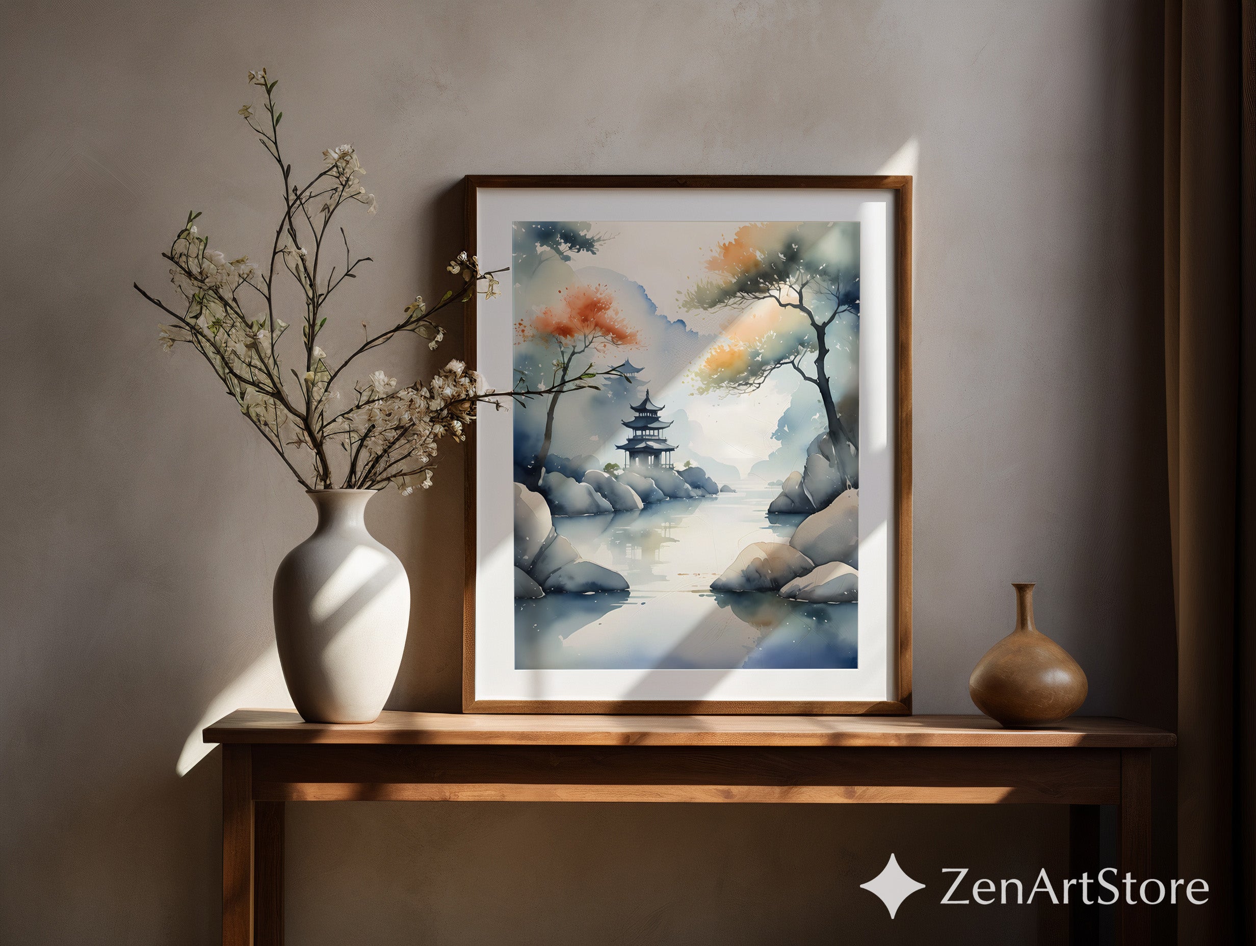 Misty Pagoda Watercolor Print - Zen Japandi Landscape Wall Art, Minimal Neutral Home Decor